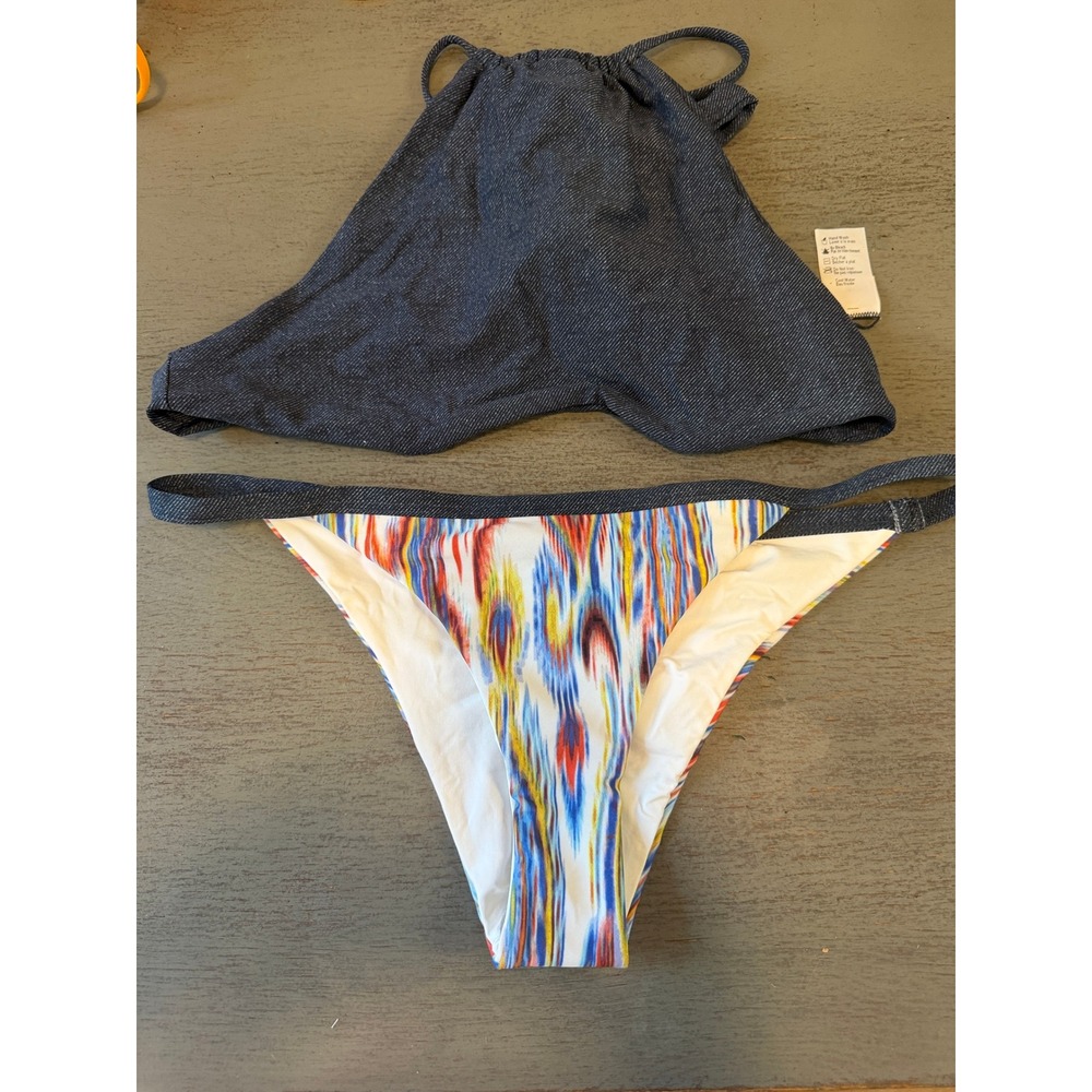 L*Space Denim Look Halter Bikini Set Bitsy Cut Ikat Print Blue Multi Medium